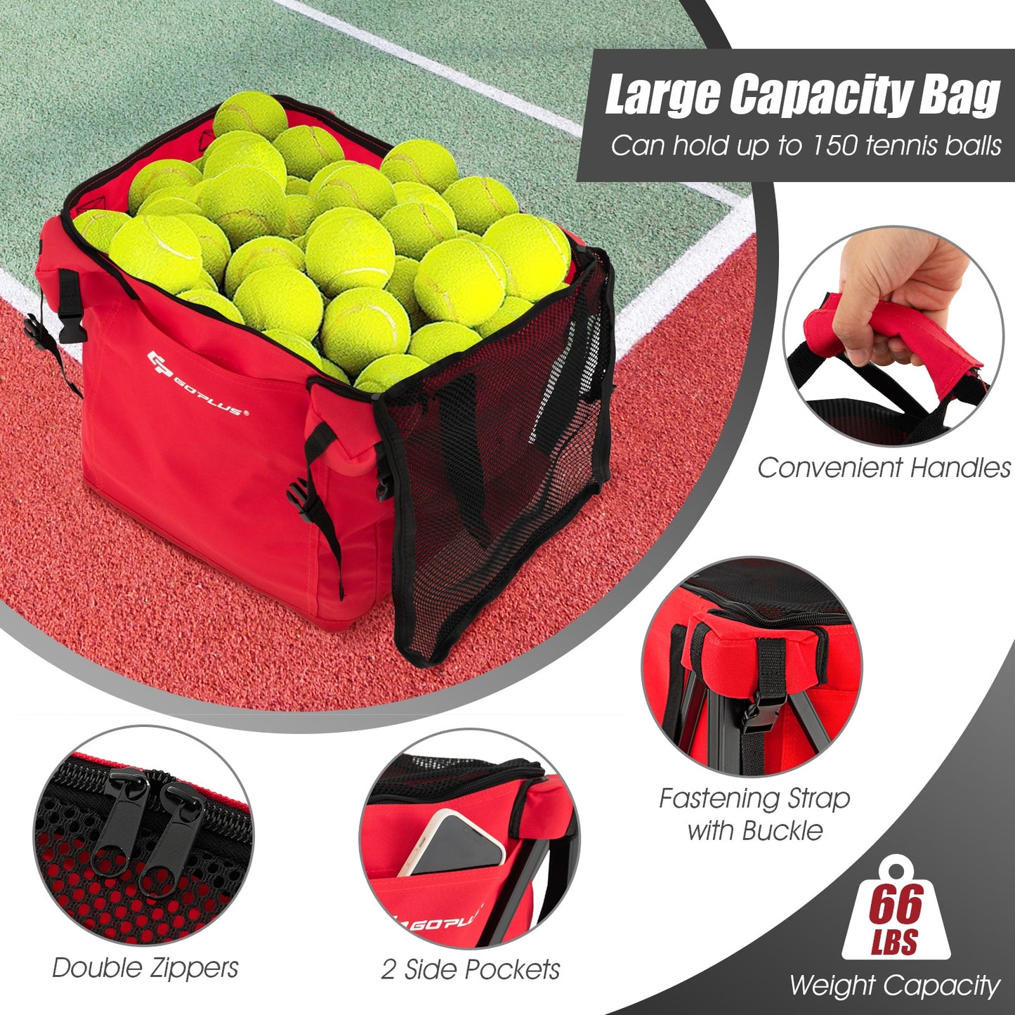 Lightweight Foldable Tennis Ball Teaching Cart with Wheels and Removable Bag-Red