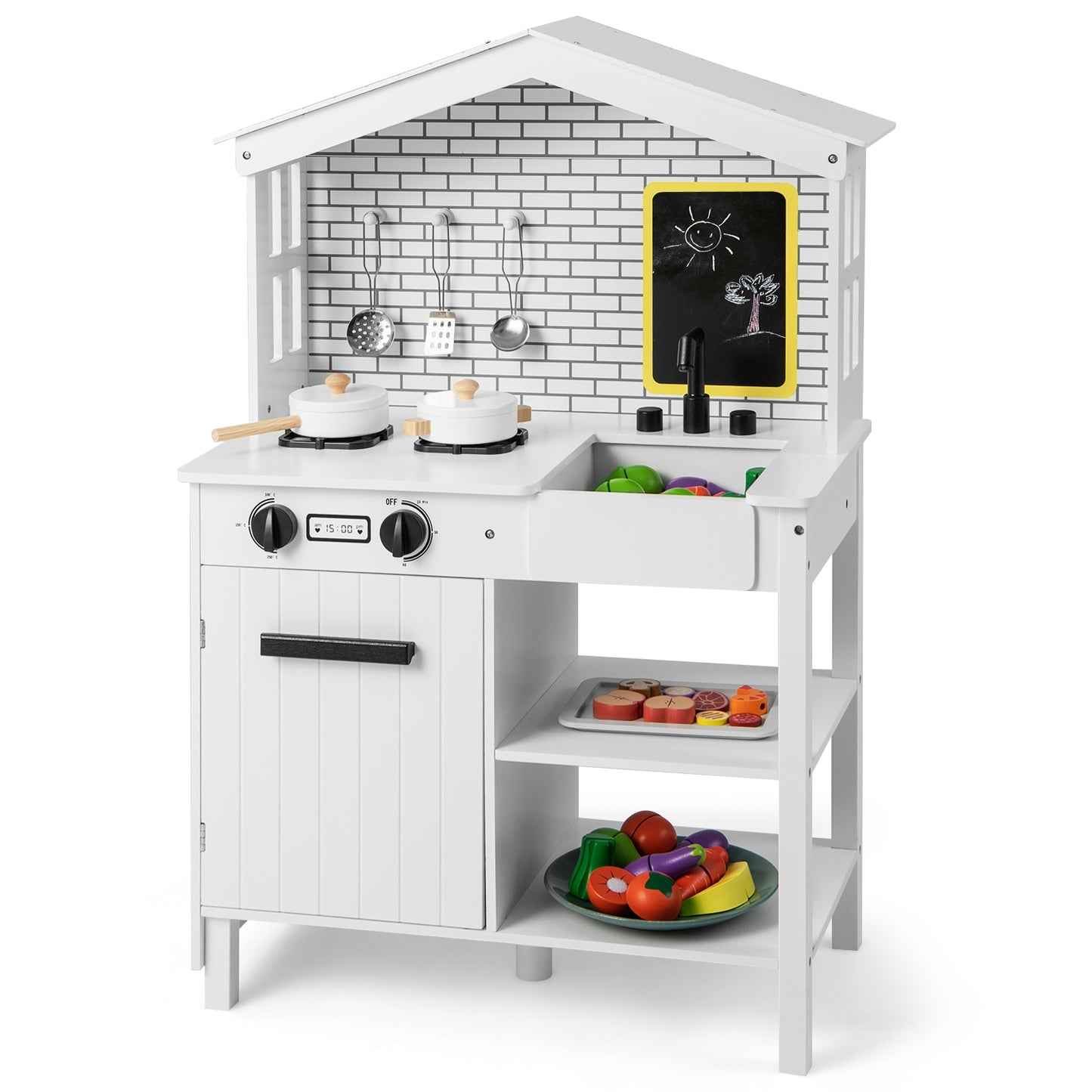 Kids Wooden Kitchen Play Set with Storage Shelves and Accessories-White Kids Crystal