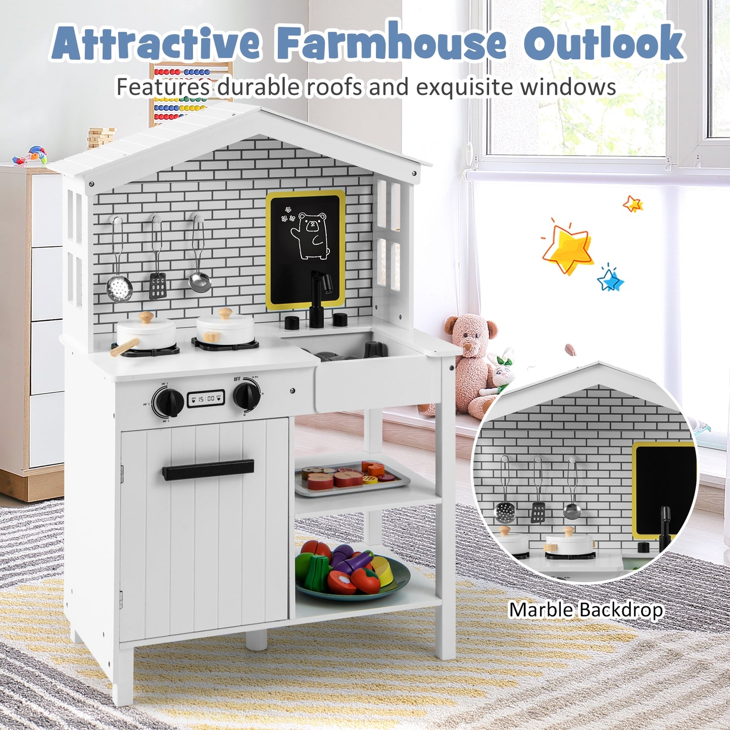 Kids Wooden Kitchen Play Set with Storage Shelves and Accessories-White Kids Crystal