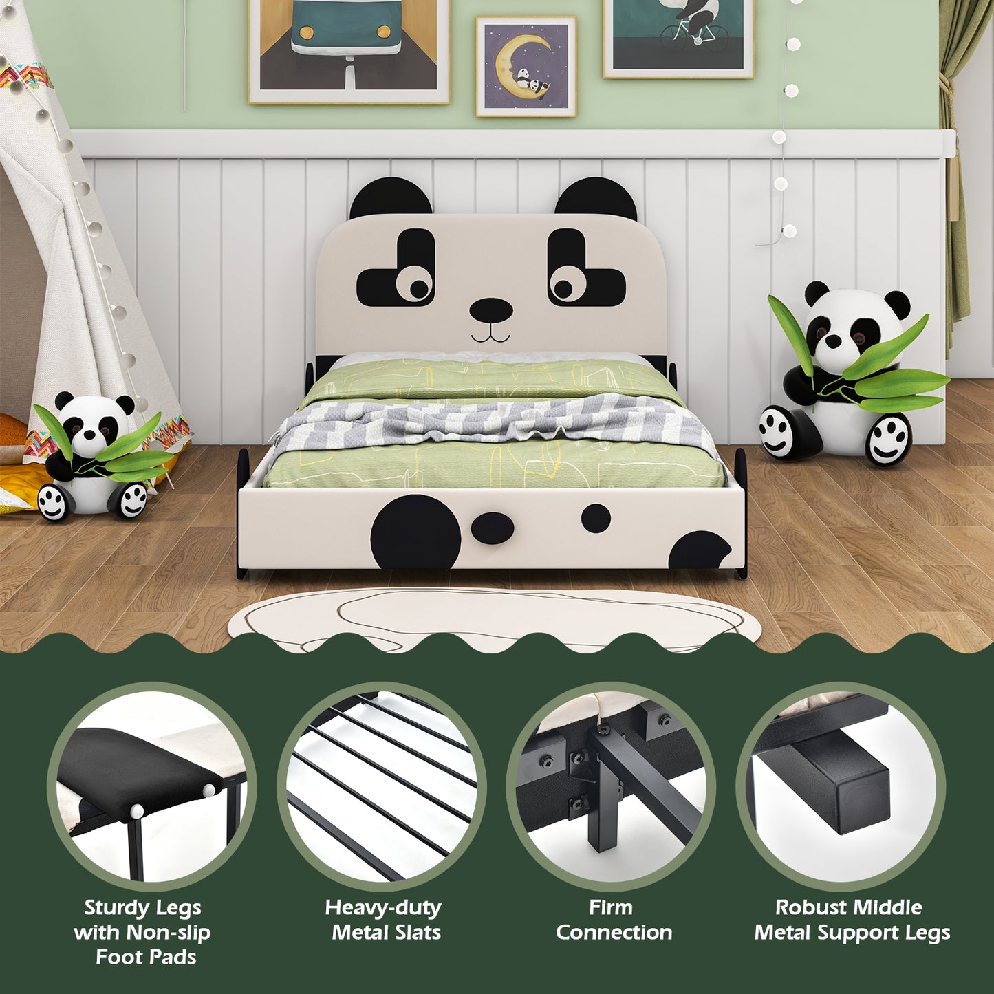 Twin Size Kids Bed with Cute Panda Headboard Kids Crystal