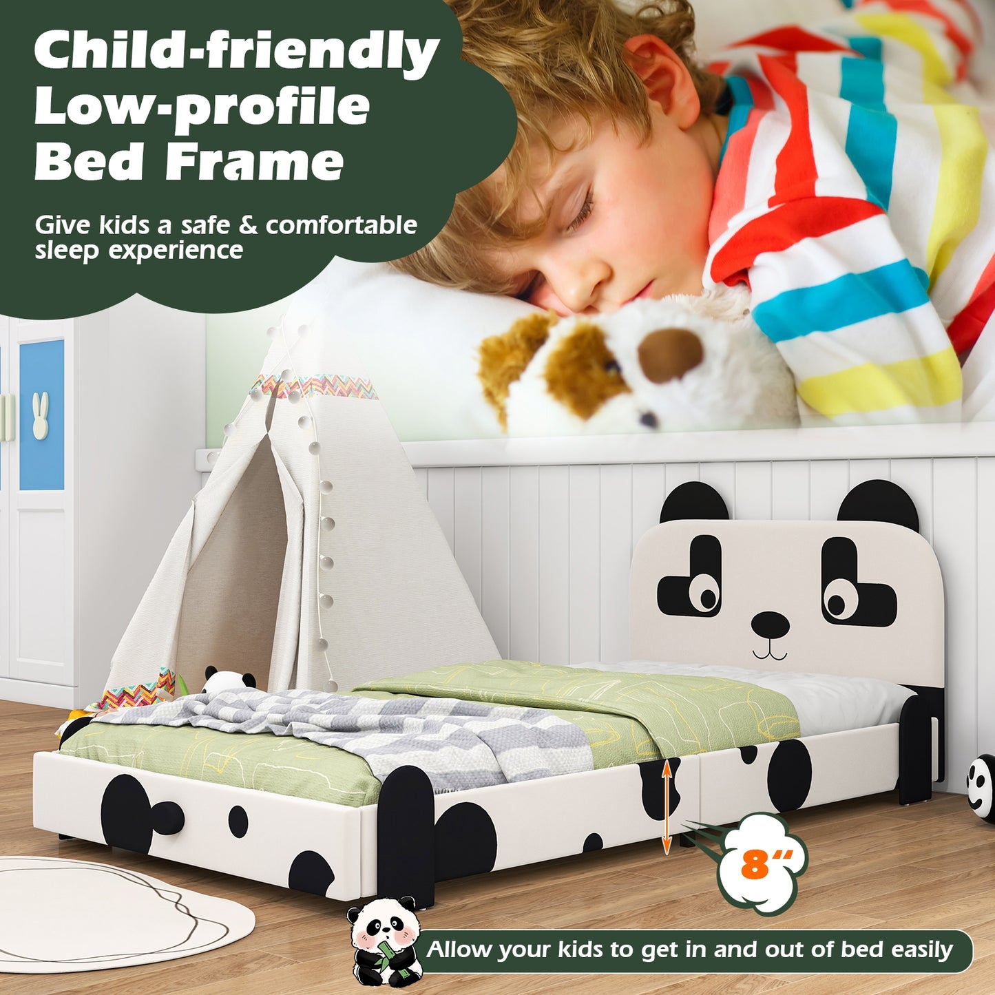 Twin Size Kids Bed with Cute Panda Headboard Kids Crystal
