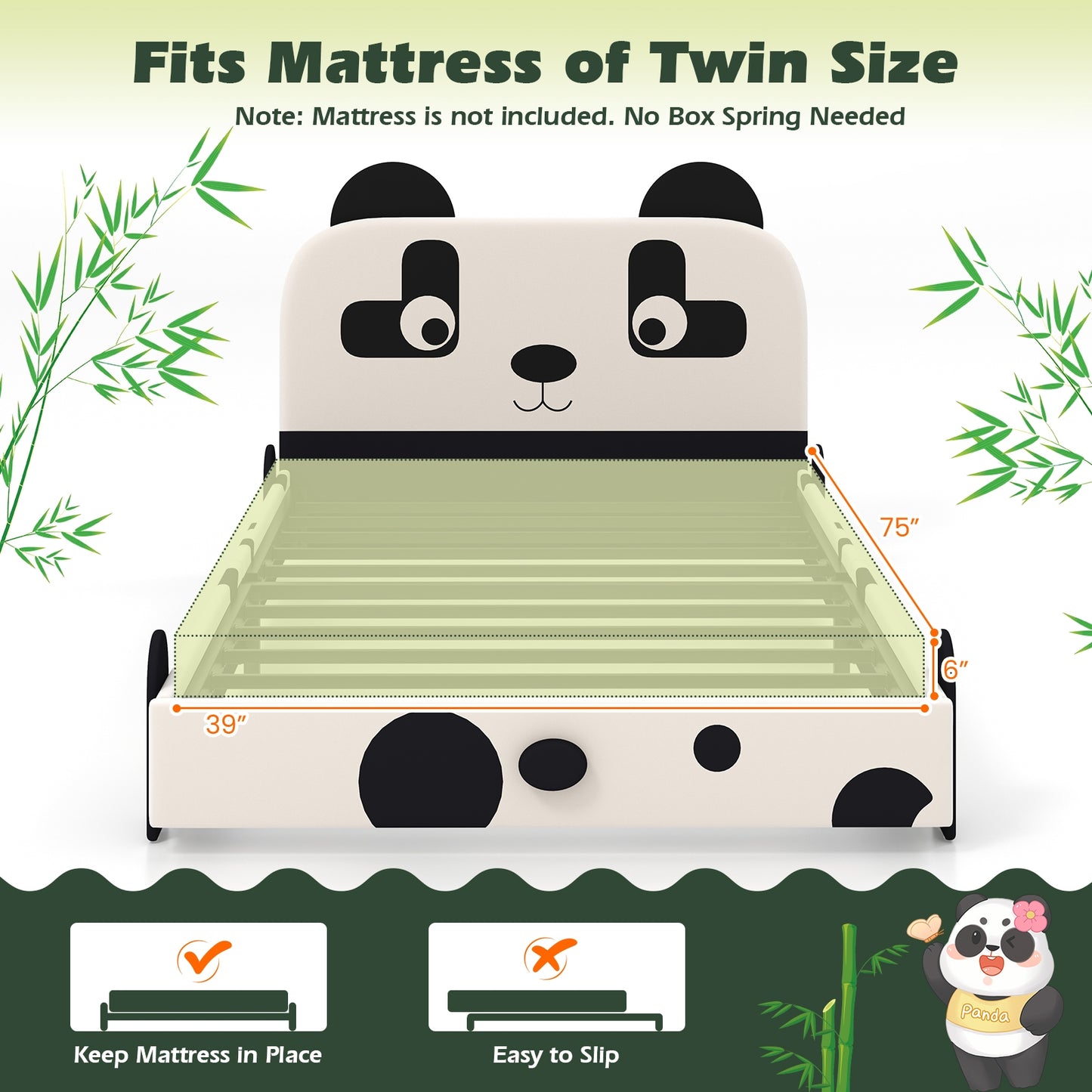 Twin Size Kids Bed with Cute Panda Headboard Kids Crystal