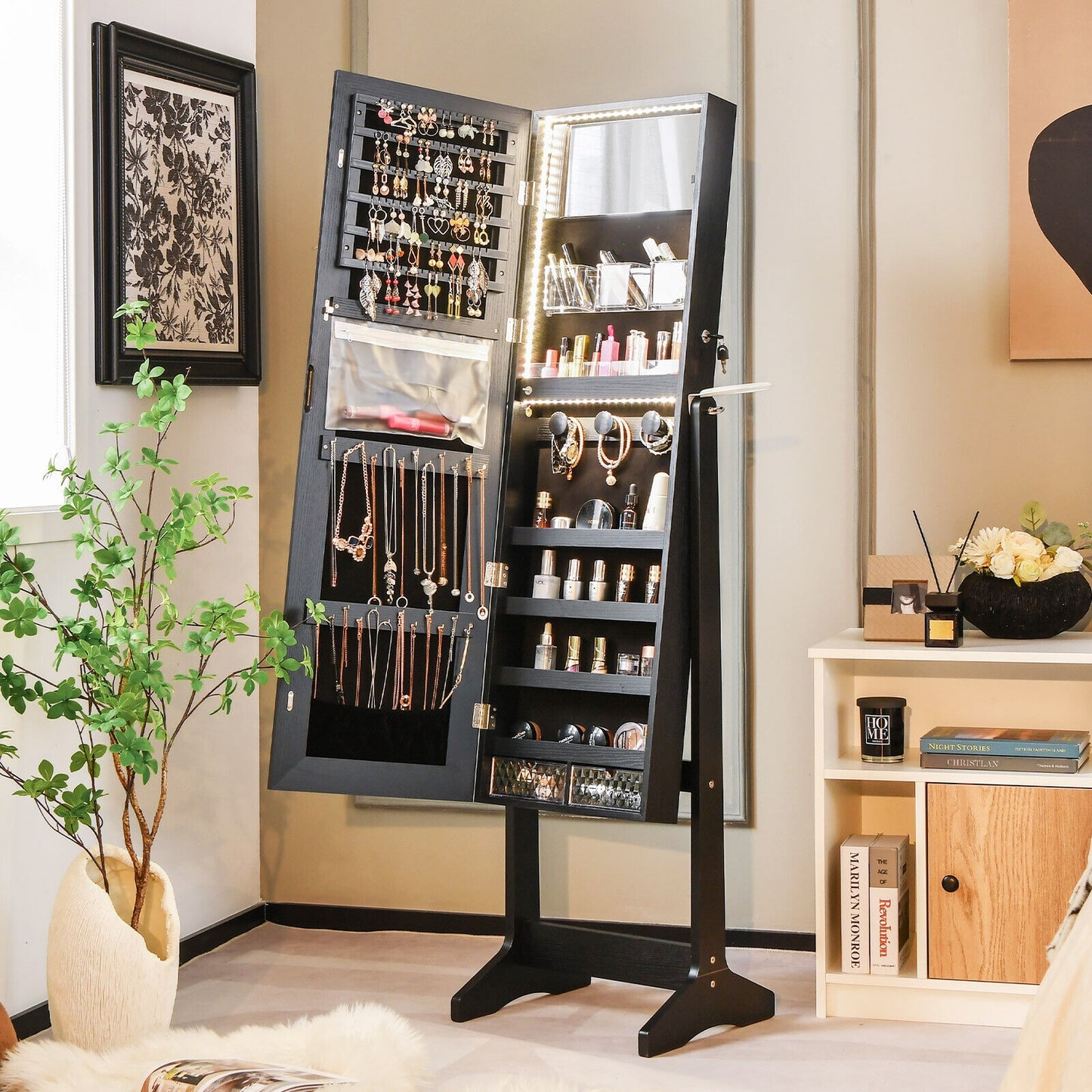 Freestanding Jewelry Cabinet with Full Length Mirror-Black Kids Crystal