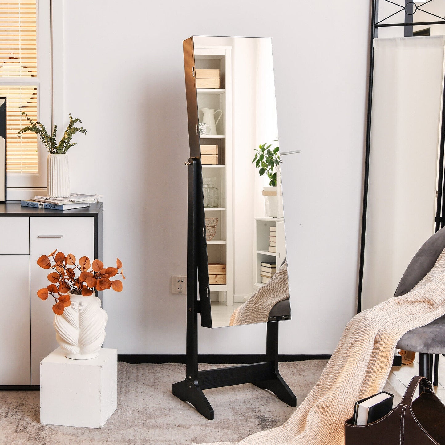 Freestanding Jewelry Cabinet with Full Length Mirror-Black Kids Crystal