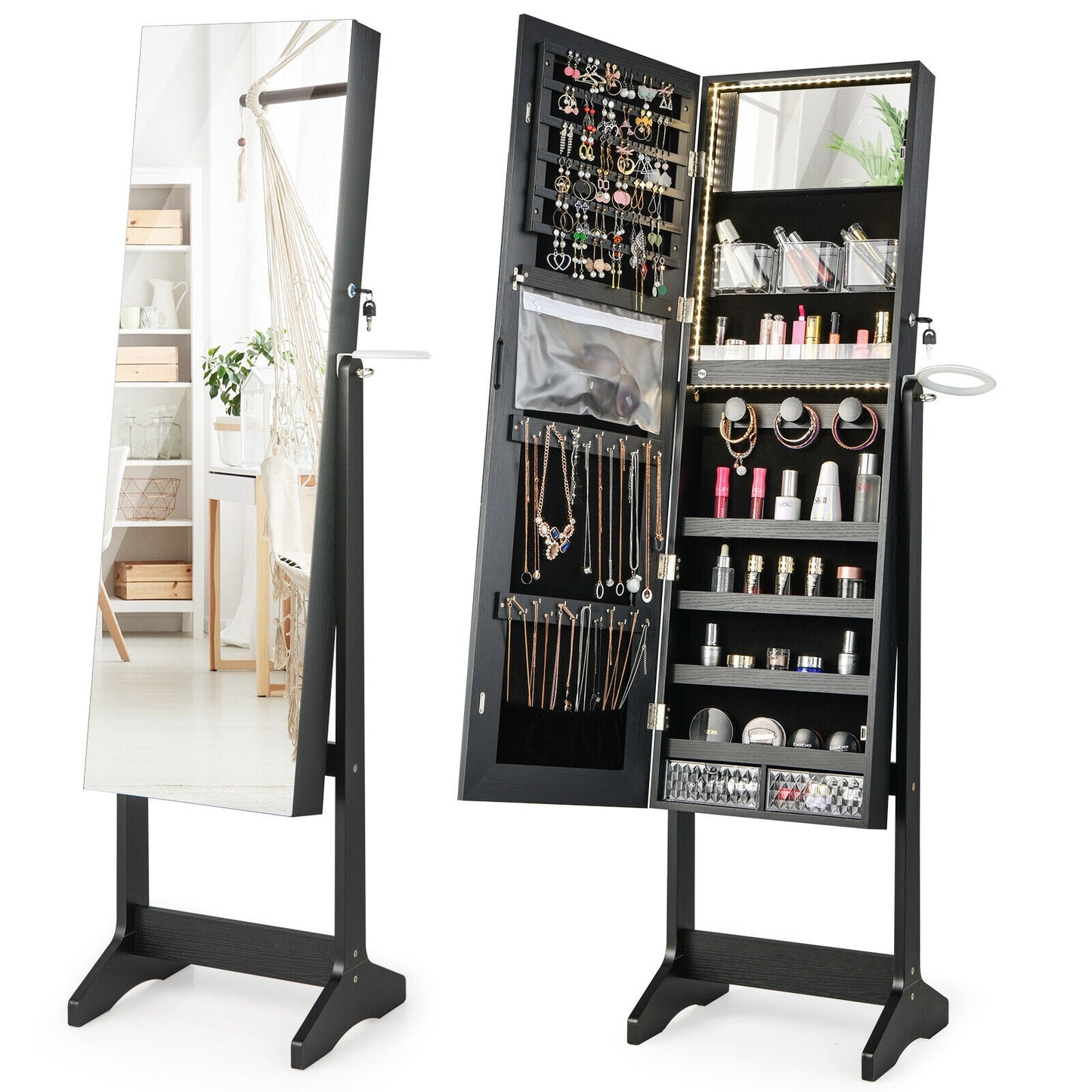 Freestanding Jewelry Cabinet with Full Length Mirror-Black Kids Crystal