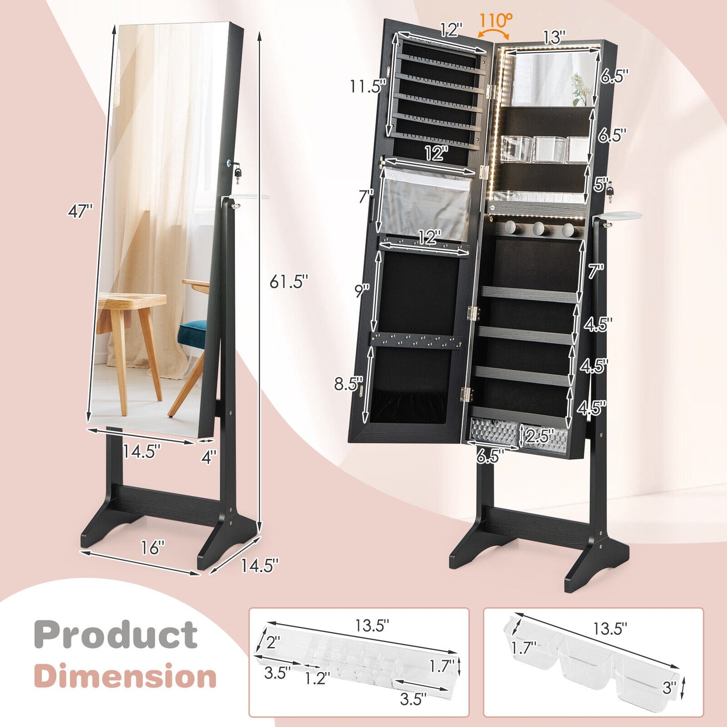 Freestanding Jewelry Cabinet with Full Length Mirror-Black Kids Crystal