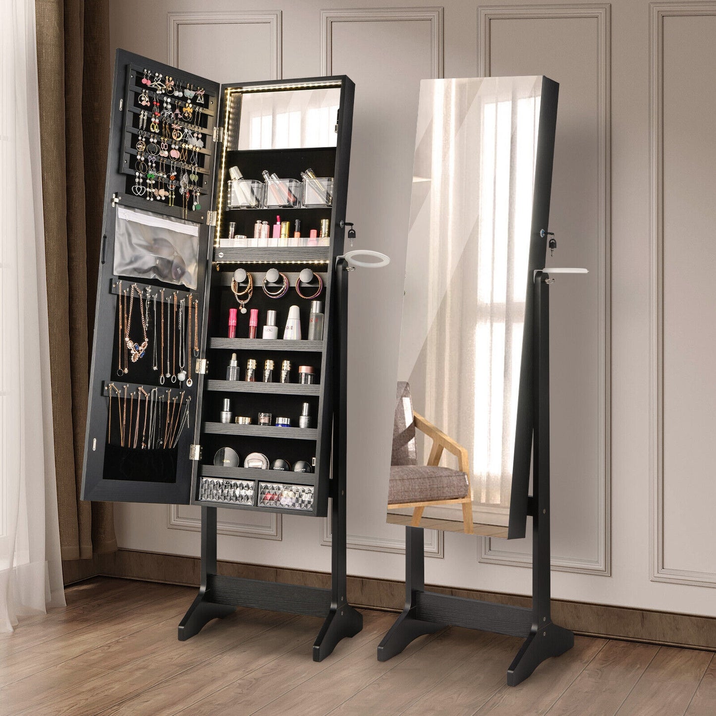 Freestanding Jewelry Cabinet with Full Length Mirror-Black Kids Crystal