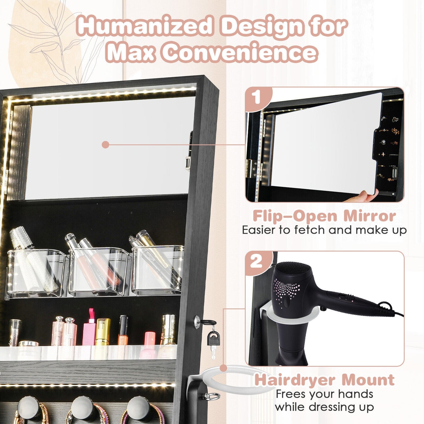 Freestanding Jewelry Cabinet with Full Length Mirror-Black Kids Crystal