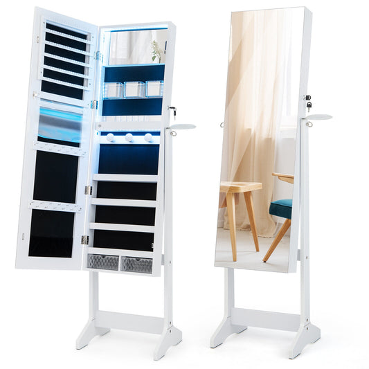 Freestanding Jewelry Cabinet with Full Length Mirror and LED Lights-White Kids Crystal