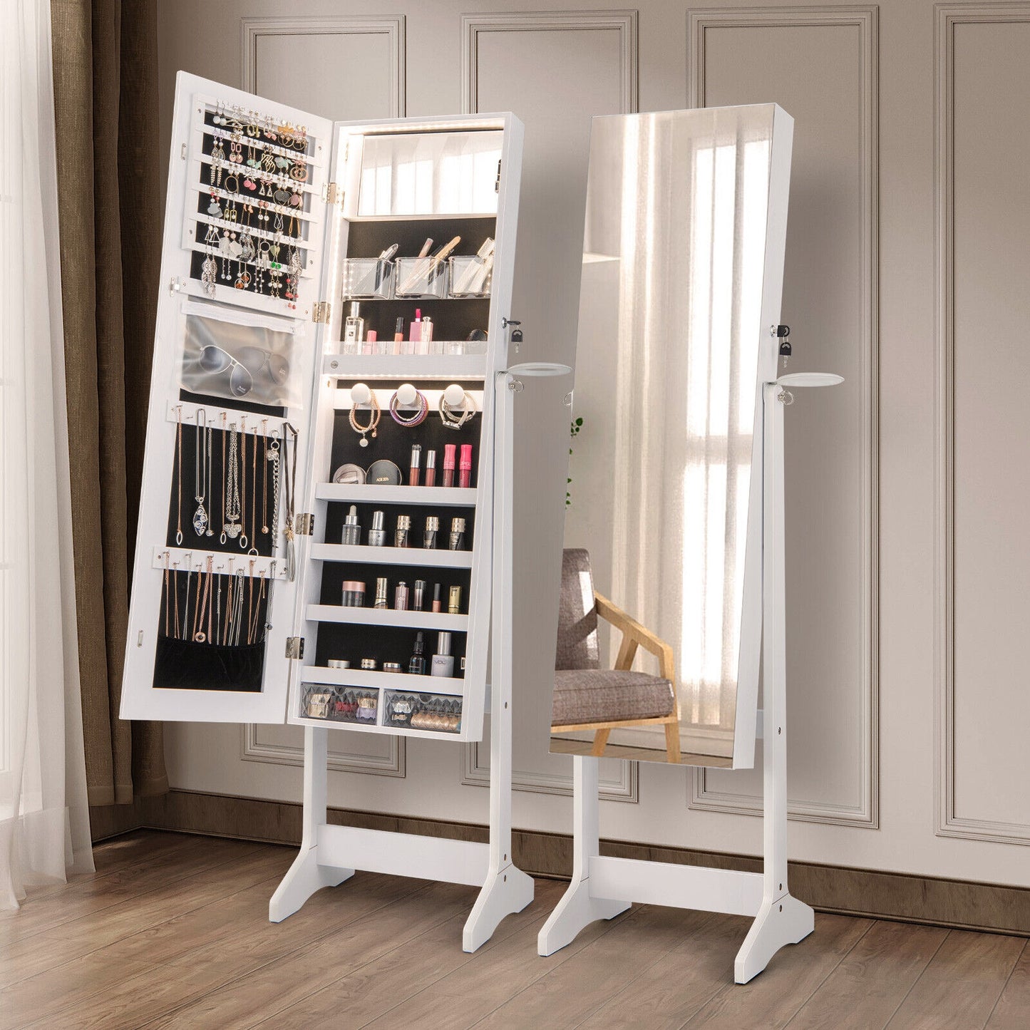 Freestanding Jewelry Cabinet with Full Length Mirror and LED Lights-White Kids Crystal