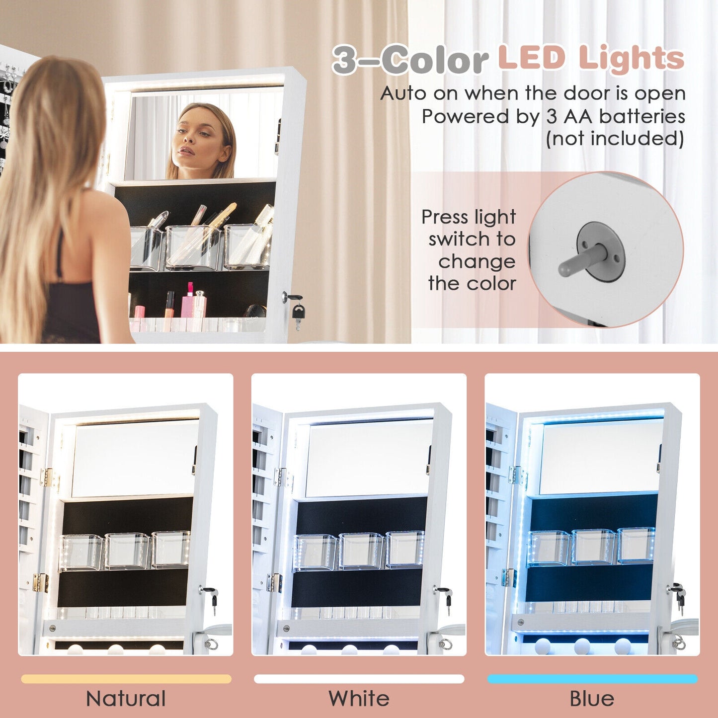 Freestanding Jewelry Cabinet with Full Length Mirror and LED Lights-White Kids Crystal