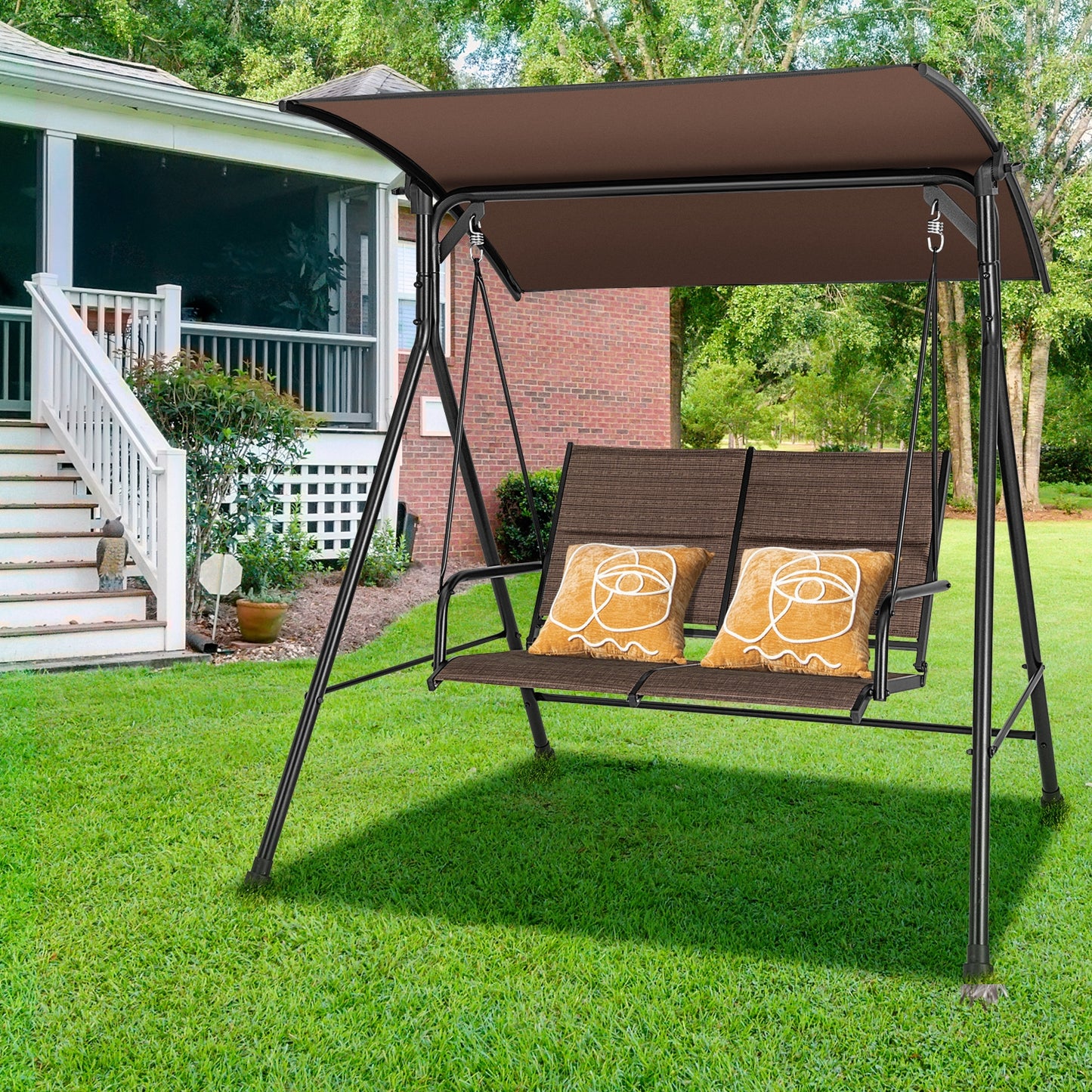 2 Person Porch Swing with Adjustable Canopy and Padded Seat-Brown Kids Crystal