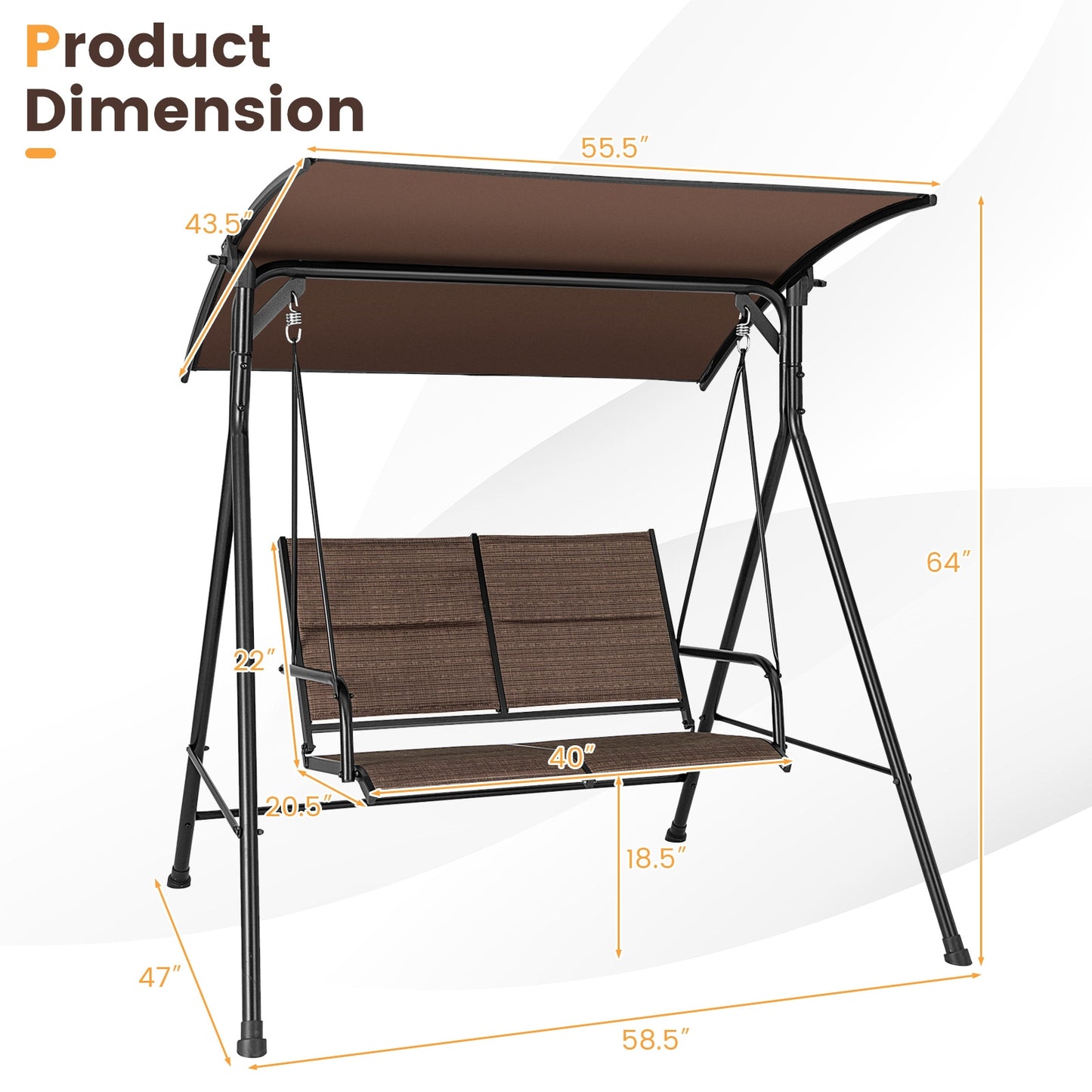 2 Person Porch Swing with Adjustable Canopy and Padded Seat-Brown Kids Crystal