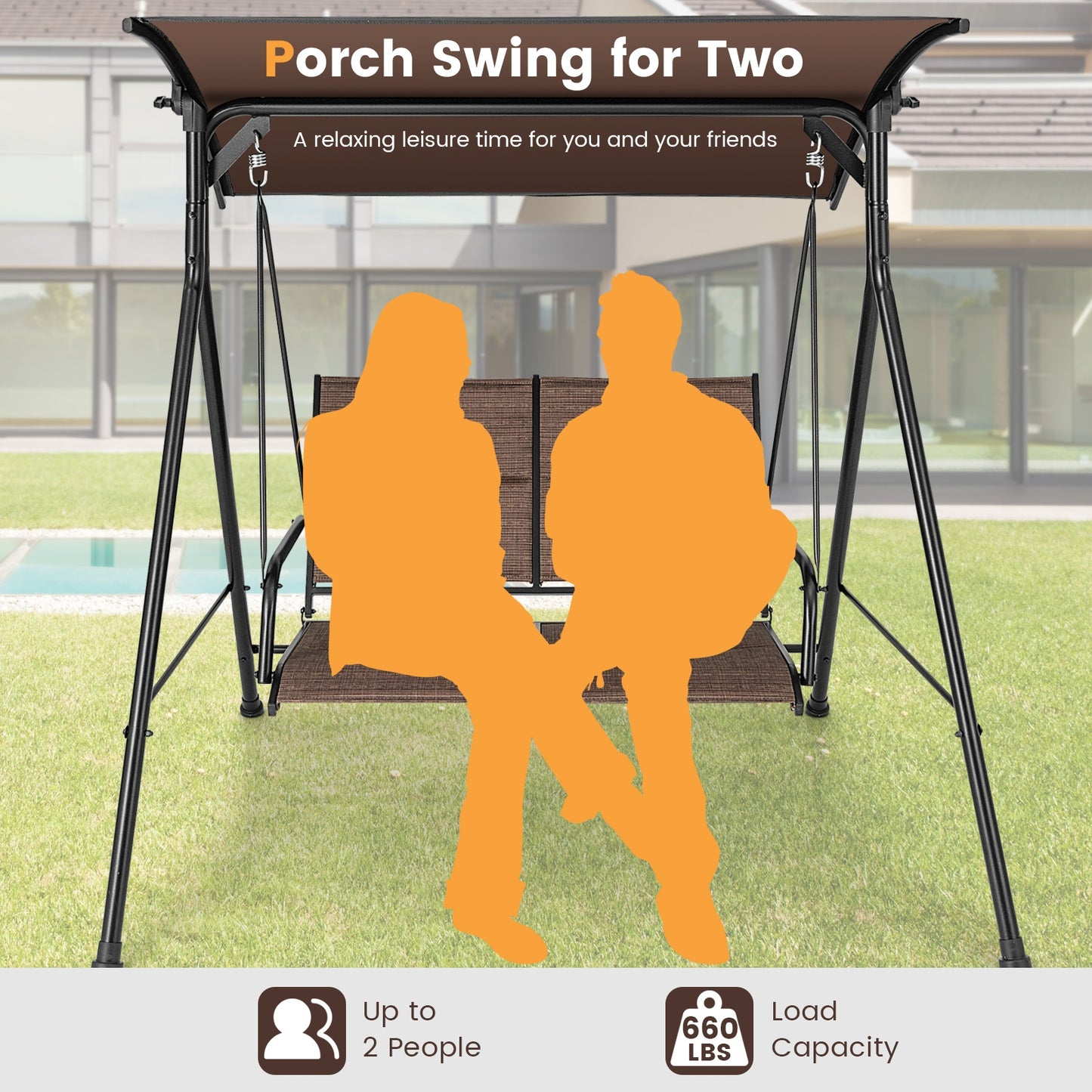 2 Person Porch Swing with Adjustable Canopy and Padded Seat-Brown Kids Crystal