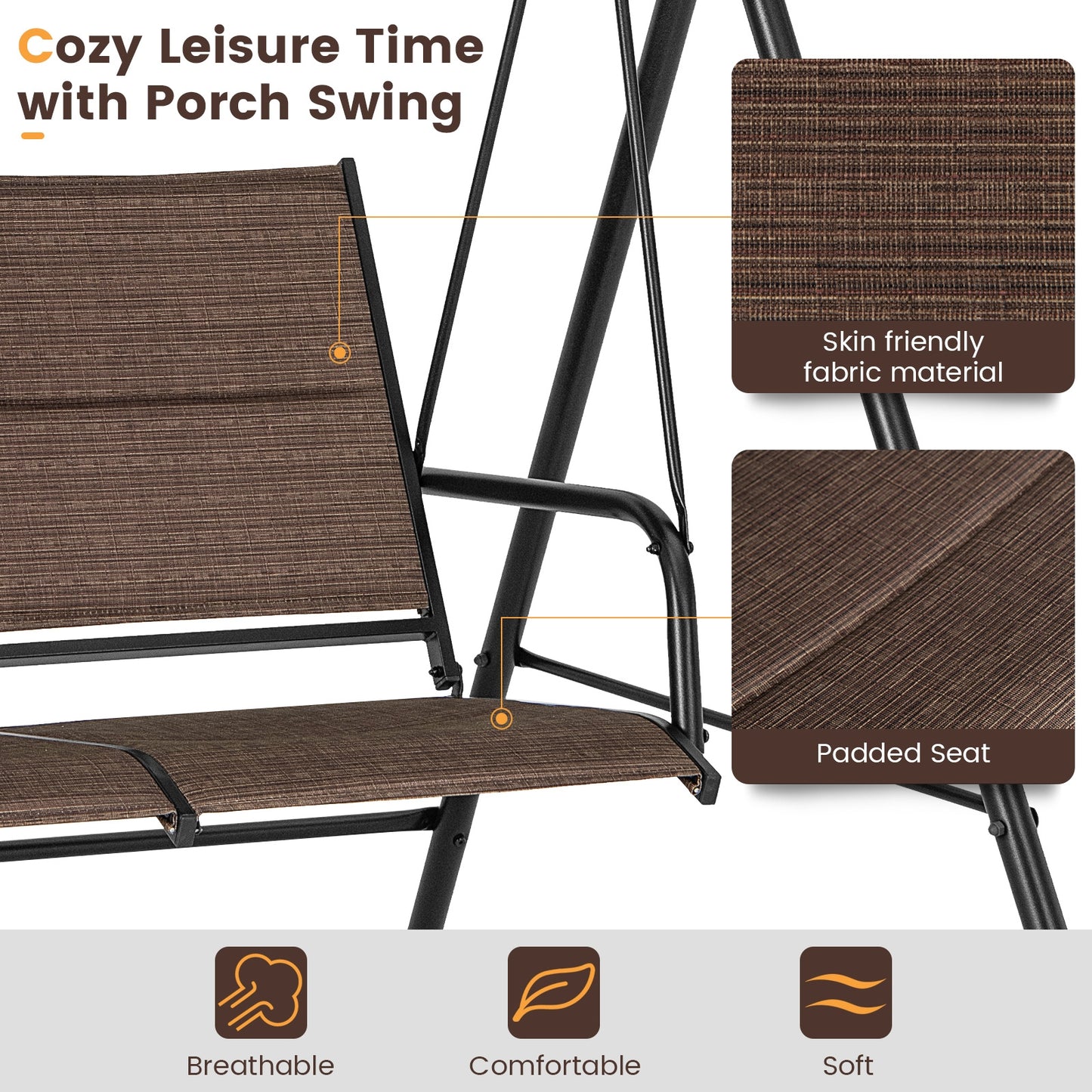 2 Person Porch Swing with Adjustable Canopy and Padded Seat-Brown Kids Crystal