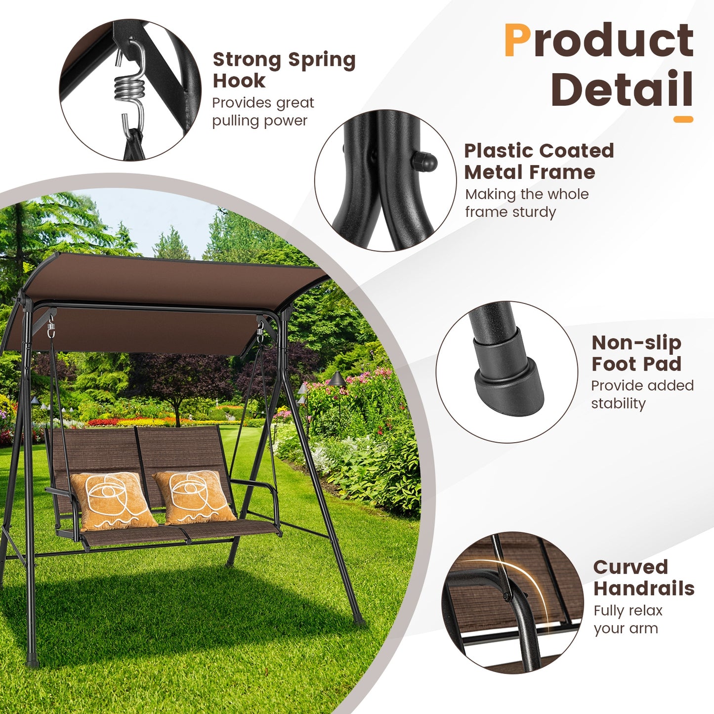 2 Person Porch Swing with Adjustable Canopy and Padded Seat-Brown Kids Crystal