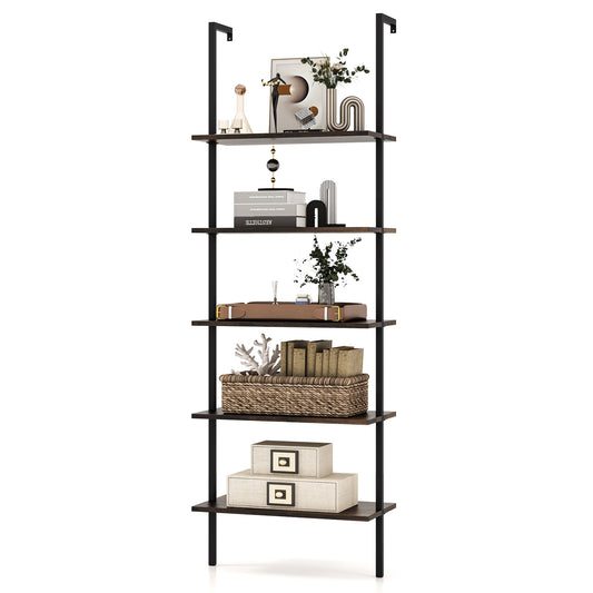 5 Tier Ladder Shelf Wall-Mounted Bookcase with Steel Frame-Brown Kids Crystal