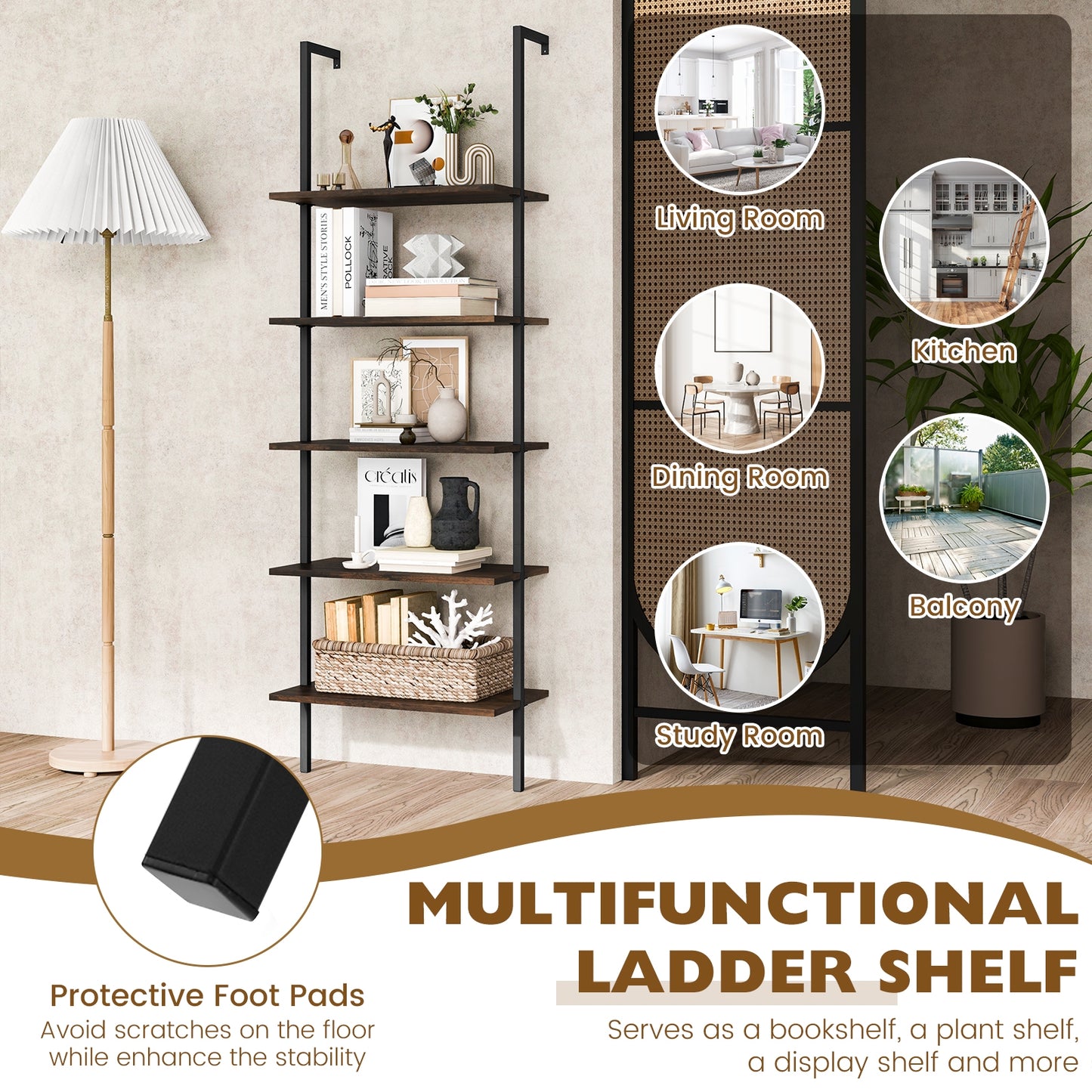 5 Tier Ladder Shelf Wall-Mounted Bookcase with Steel Frame-Brown Kids Crystal