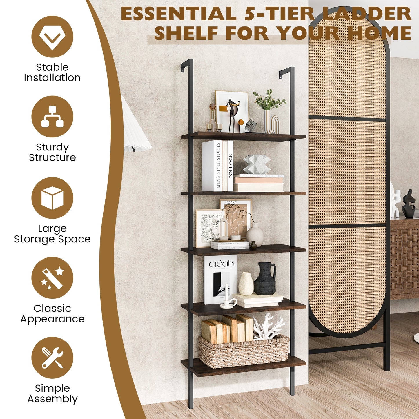 5 Tier Ladder Shelf Wall-Mounted Bookcase with Steel Frame-Brown Kids Crystal