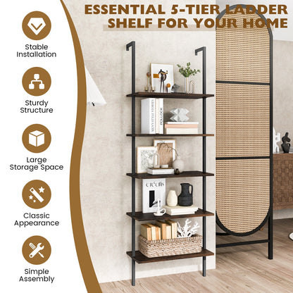 5 Tier Ladder Shelf Wall-Mounted Bookcase with Steel Frame-Brown