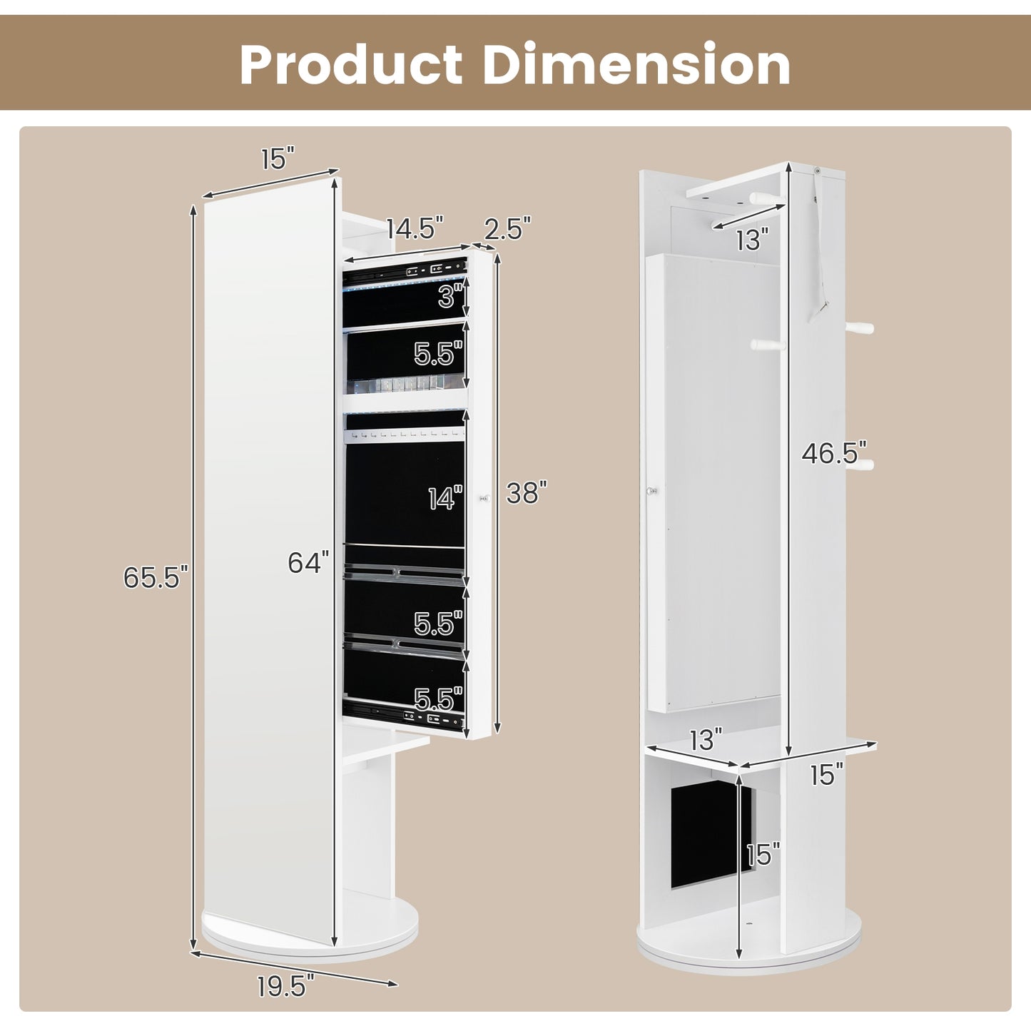 Swivel Jewelry Cabinet Armoire with Full Length Mirror and Coat Rack-White Kids Crystal