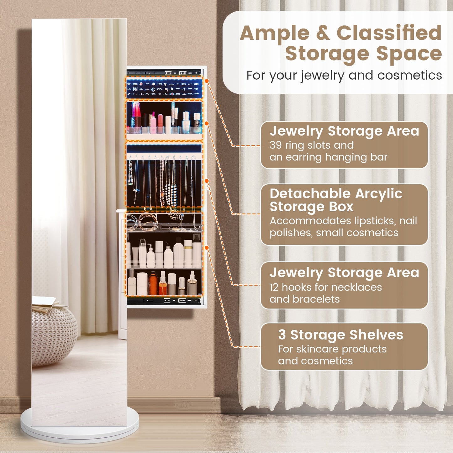 Swivel Jewelry Cabinet Armoire with Full Length Mirror and Coat Rack-White Kids Crystal