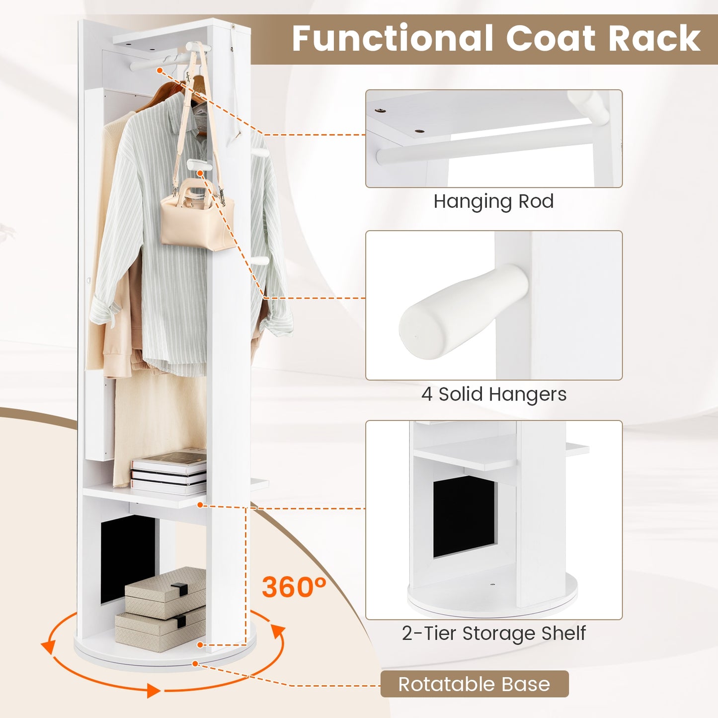 Swivel Jewelry Cabinet Armoire with Full Length Mirror and Coat Rack-White Kids Crystal
