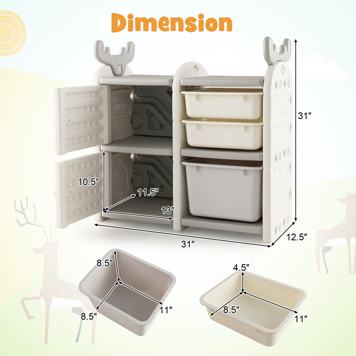 31 Inch Toy Chest and Bookshelf with Enclosed Cabinets and Pull-out Drawers-Gray Kids Crystal