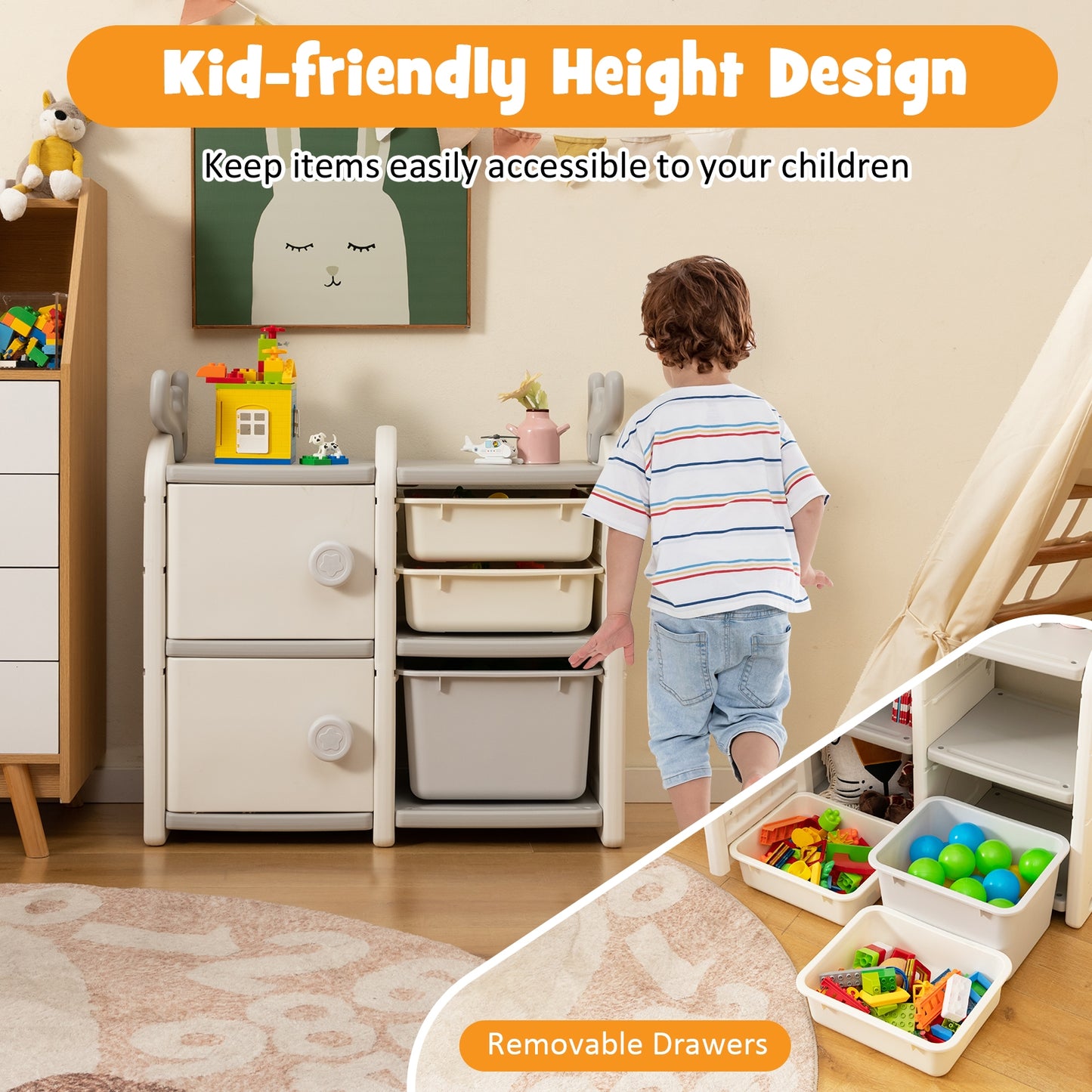 31 Inch Toy Chest and Bookshelf with Enclosed Cabinets and Pull-out Drawers-Gray Kids Crystal