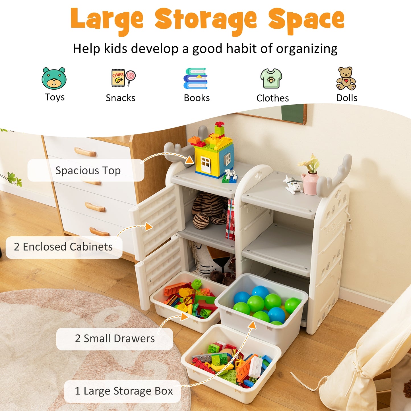 31 Inch Toy Chest and Bookshelf with Enclosed Cabinets and Pull-out Drawers-Gray Kids Crystal