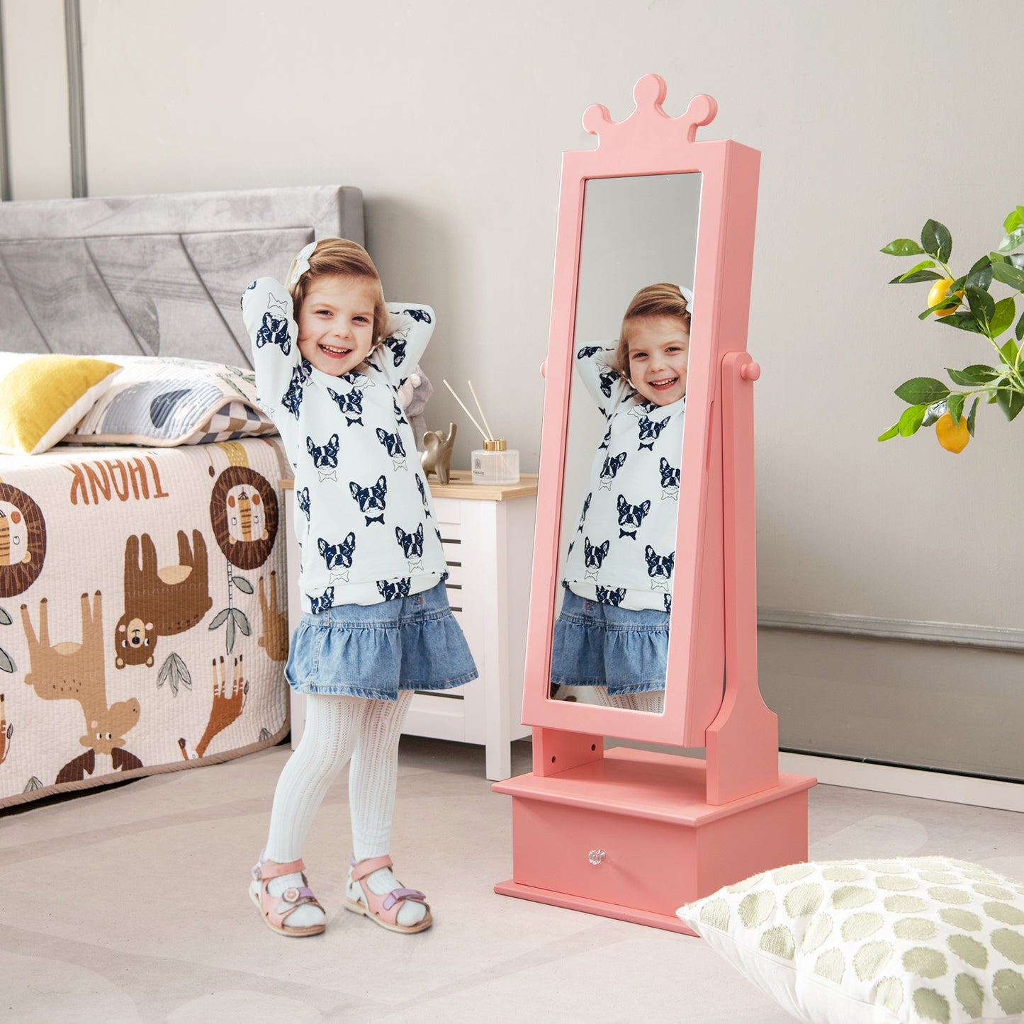 2-in-1 Kids Play Jewelry Armoire with Full Length Mirror and Drawers-Pink Kids Crystal