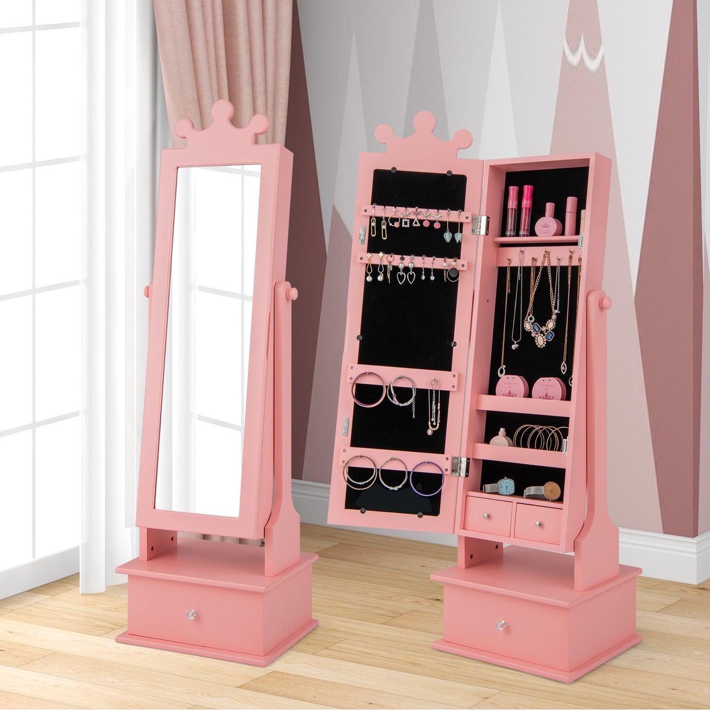 2-in-1 Kids Play Jewelry Armoire with Full Length Mirror and Drawers-Pink Kids Crystal