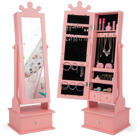 2-in-1 Kids Play Jewelry Armoire with Full Length Mirror and Drawers-Pink Kids Crystal