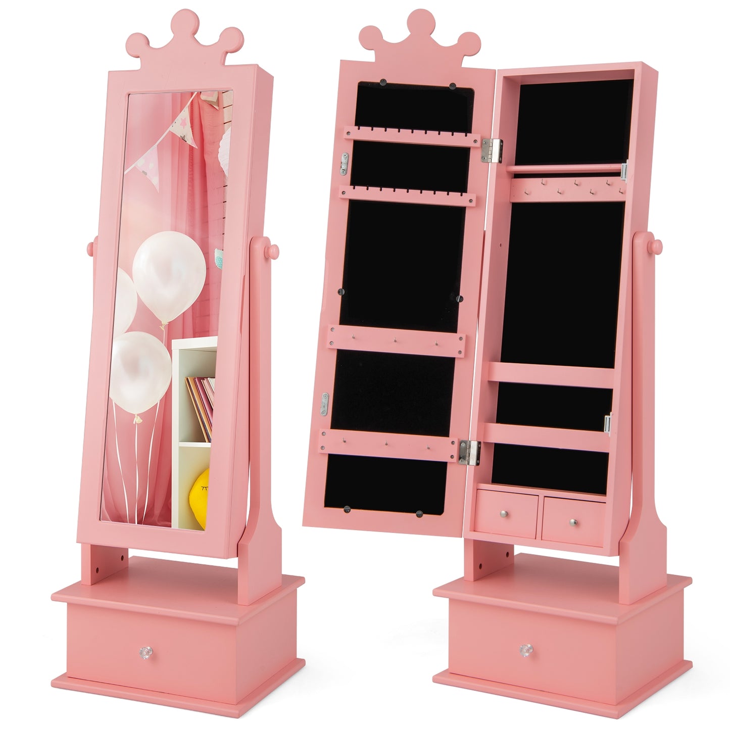 2-in-1 Kids Play Jewelry Armoire with Full Length Mirror and Drawers-Pink Kids Crystal
