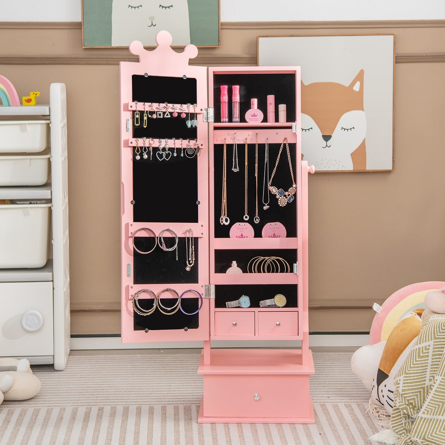 2-in-1 Kids Play Jewelry Armoire with Full Length Mirror and Drawers-Pink Kids Crystal