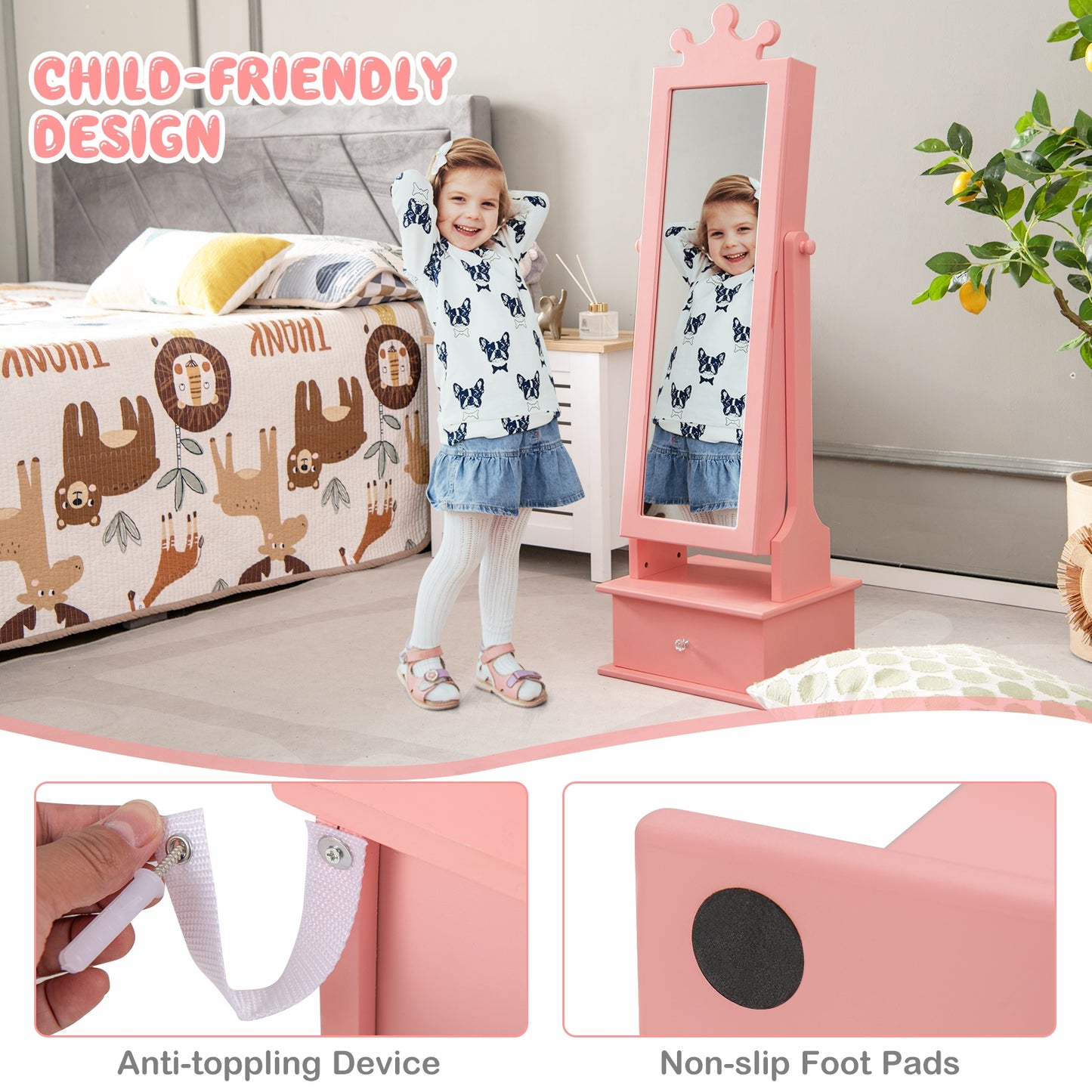 2-in-1 Kids Play Jewelry Armoire with Full Length Mirror and Drawers-Pink Kids Crystal
