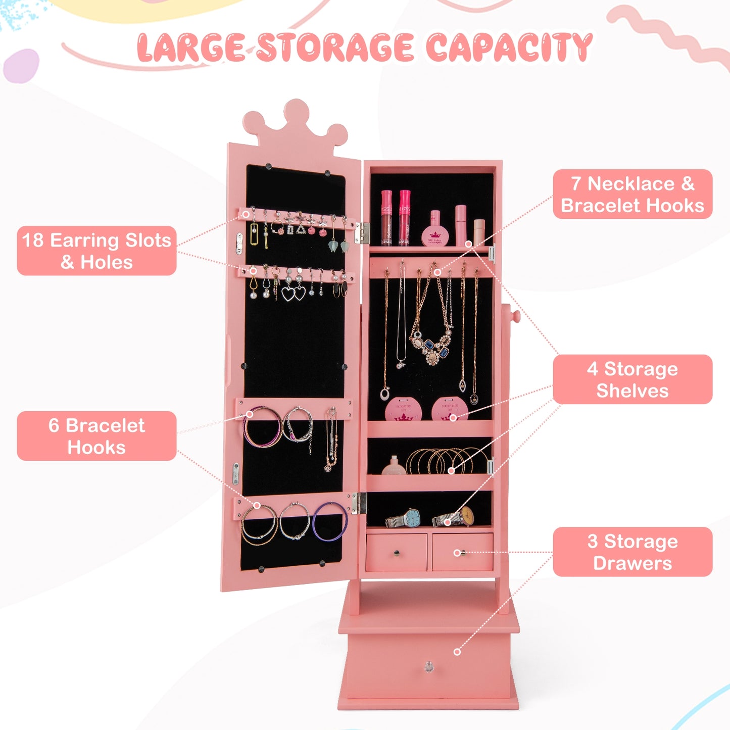 2-in-1 Kids Play Jewelry Armoire with Full Length Mirror and Drawers-Pink Kids Crystal
