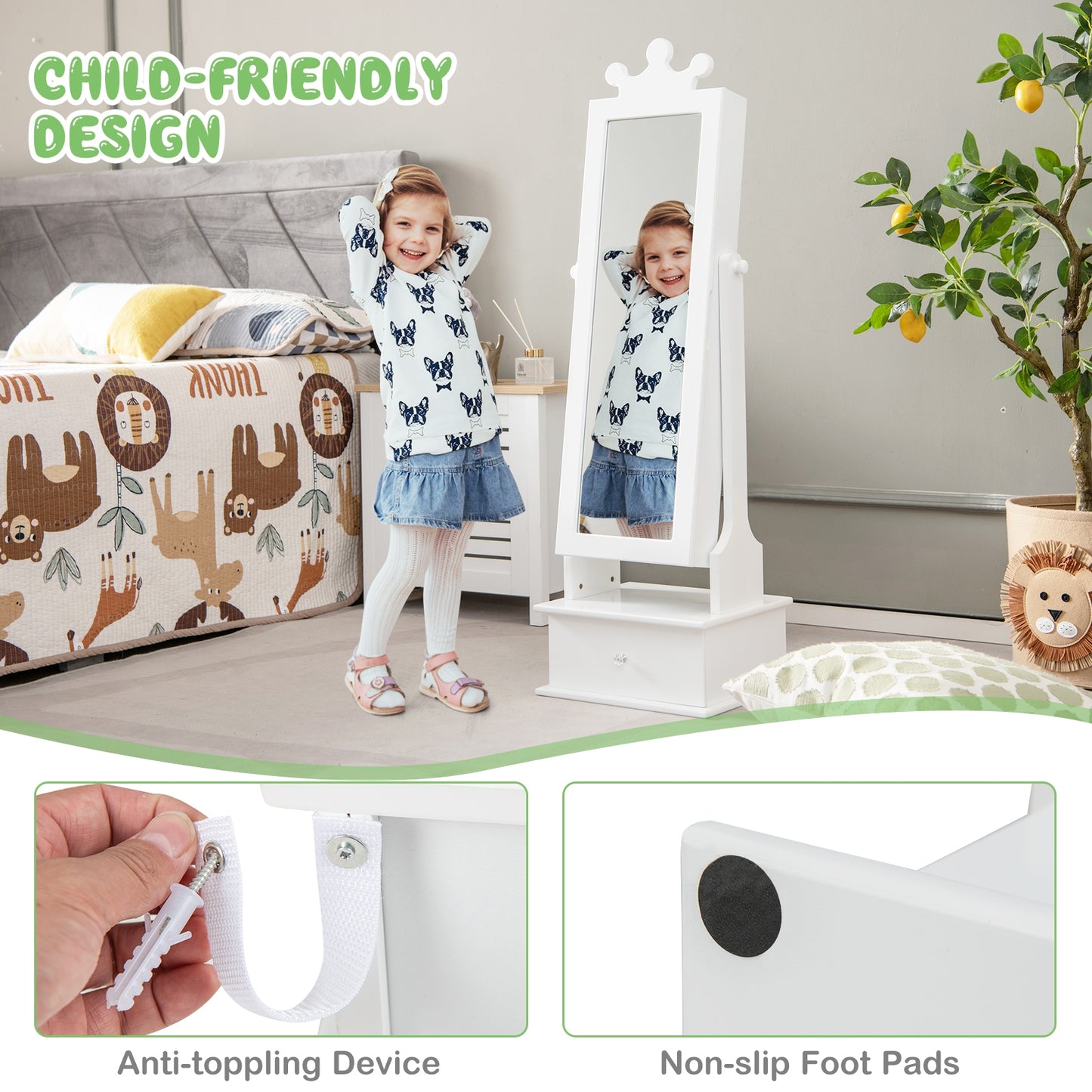 2-in-1 Kids Play Jewelry Armoire with Full Length Mirror and Drawers-White Kids Crystal