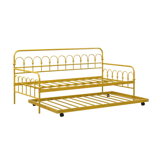 Twin Size Golden Metal Daybed with Trundle and Lockable Wheels-Twin Size Kids Crystal