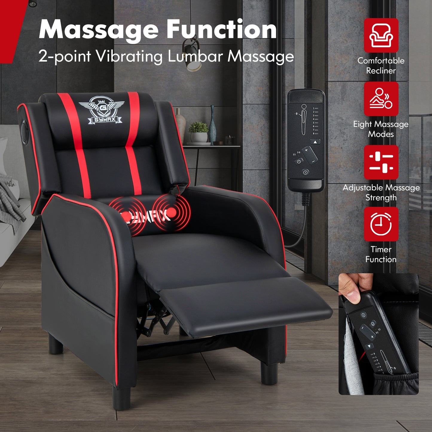 PU Leather Massage Gaming Recliner Chair with Side Pockets-Red Kids Crystal