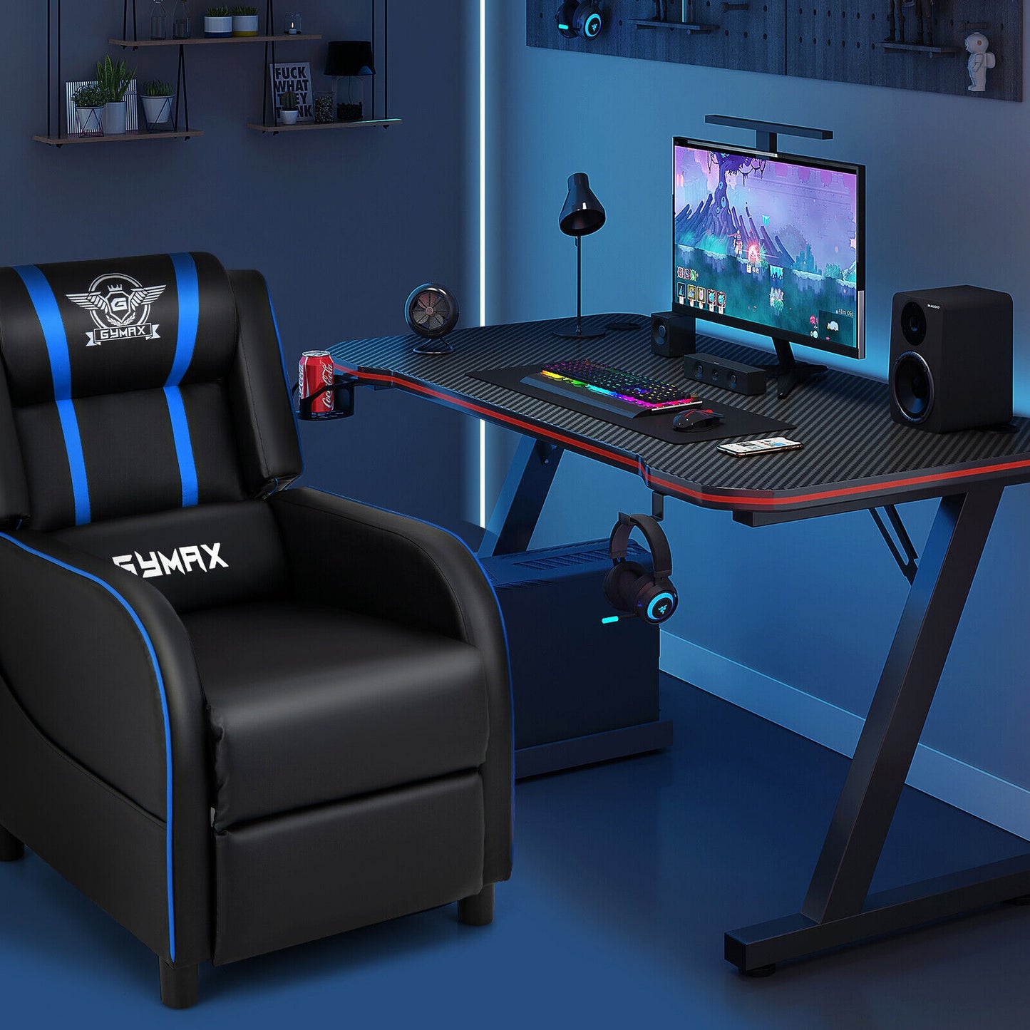 PU Leather Massage Gaming Recliner Chair with Side Pockets-Blue Kids Crystal