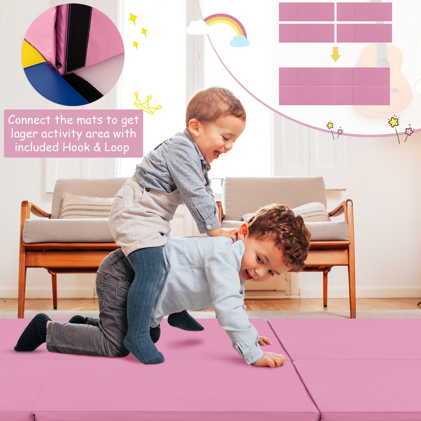 6 x 2 FT Tri-Fold Gym Mat with Handles and Removable Zippered Cover-Pink Kids Crystal