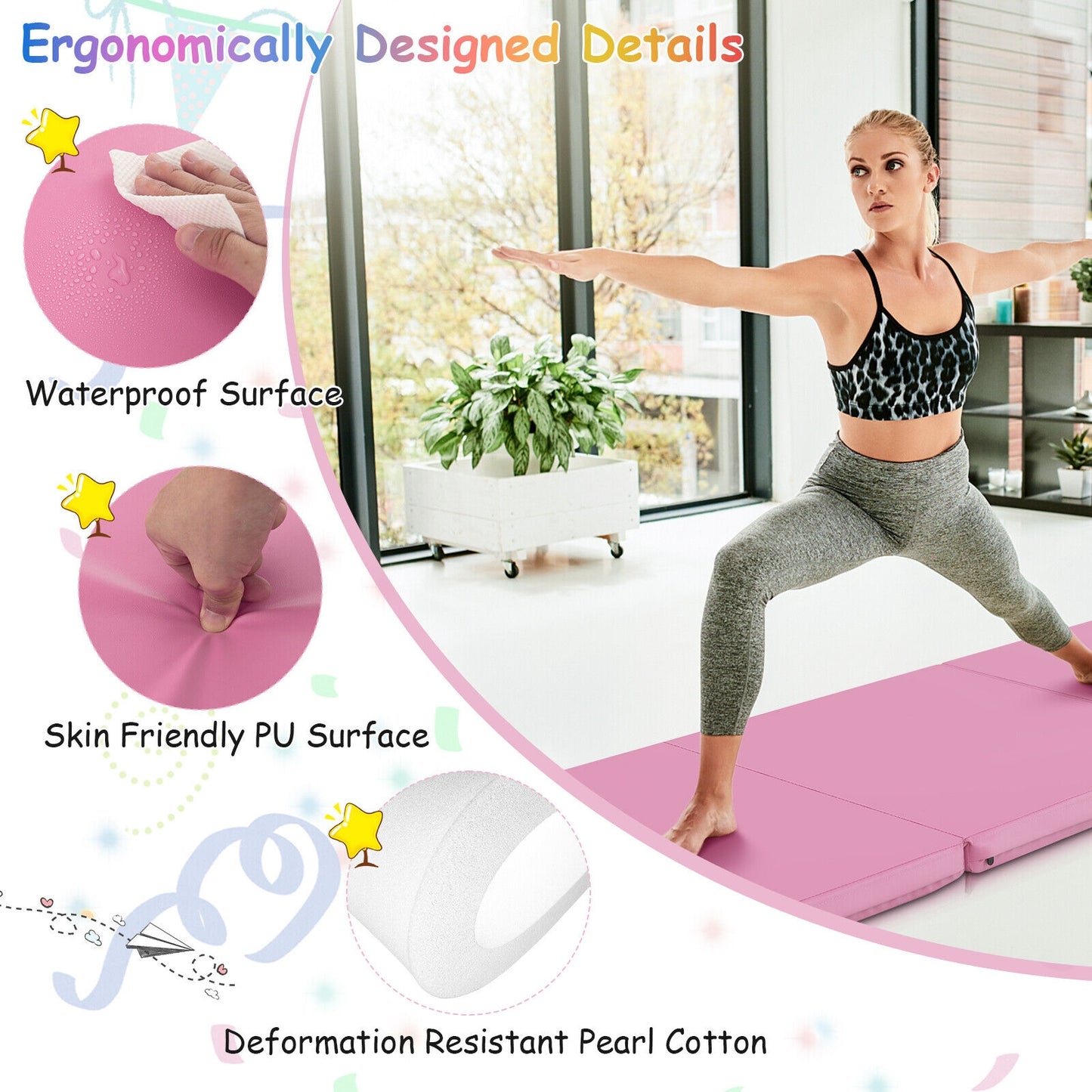 6 x 2 FT Tri-Fold Gym Mat with Handles and Removable Zippered Cover-Pink Kids Crystal