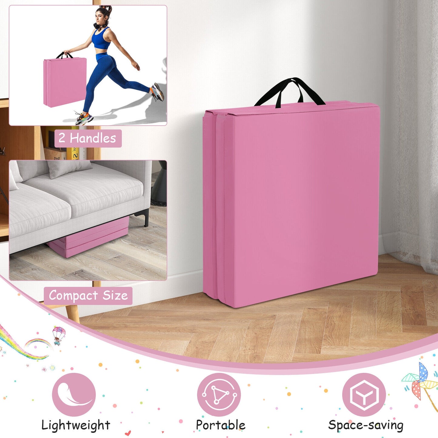6 x 2 FT Tri-Fold Gym Mat with Handles and Removable Zippered Cover-Pink Kids Crystal