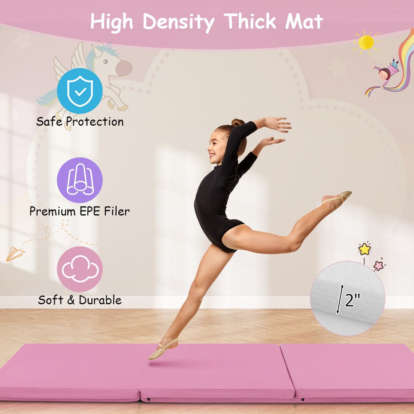 6 x 2 FT Tri-Fold Gym Mat with Handles and Removable Zippered Cover-Pink Kids Crystal