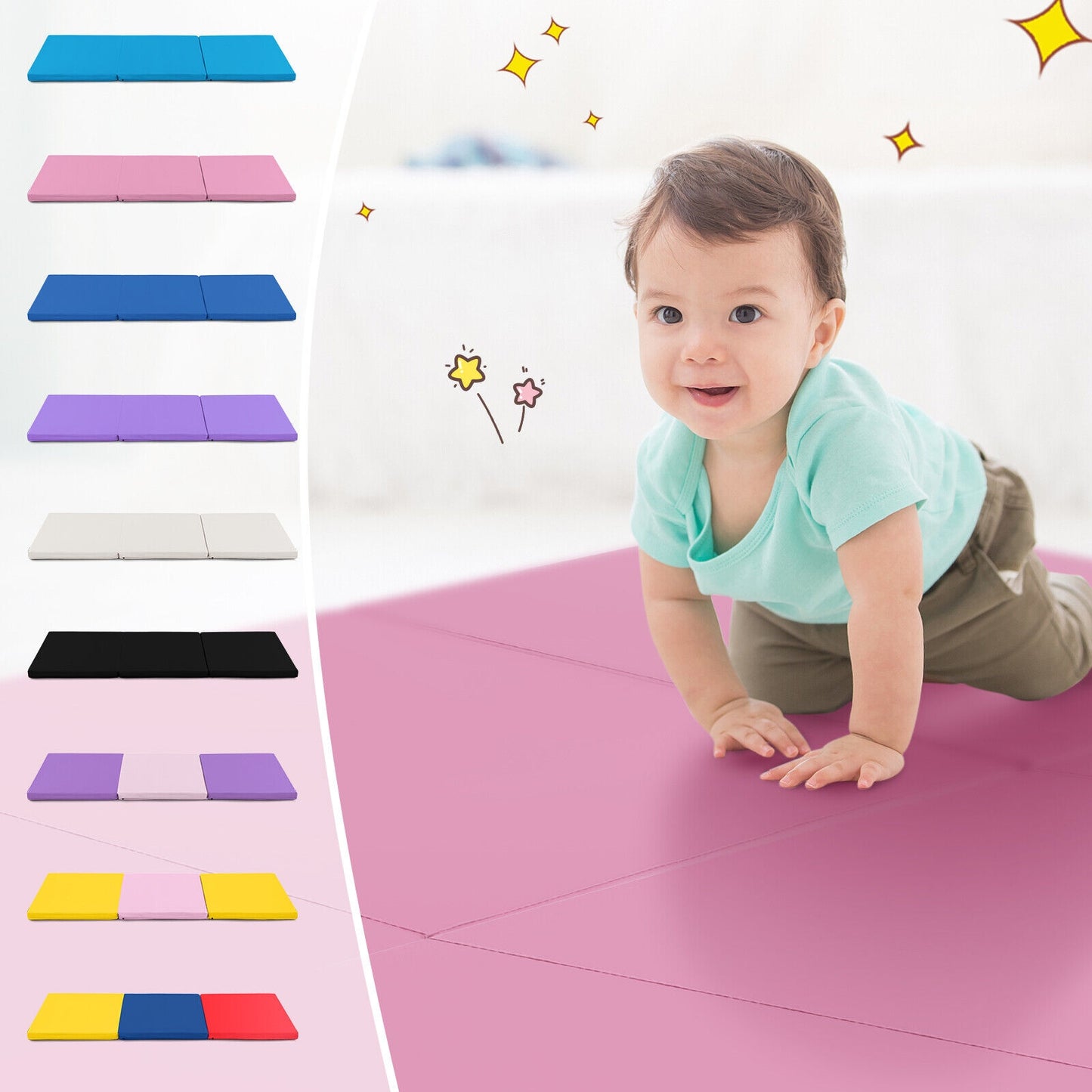 6 x 2 FT Tri-Fold Gym Mat with Handles and Removable Zippered Cover-Pink Kids Crystal