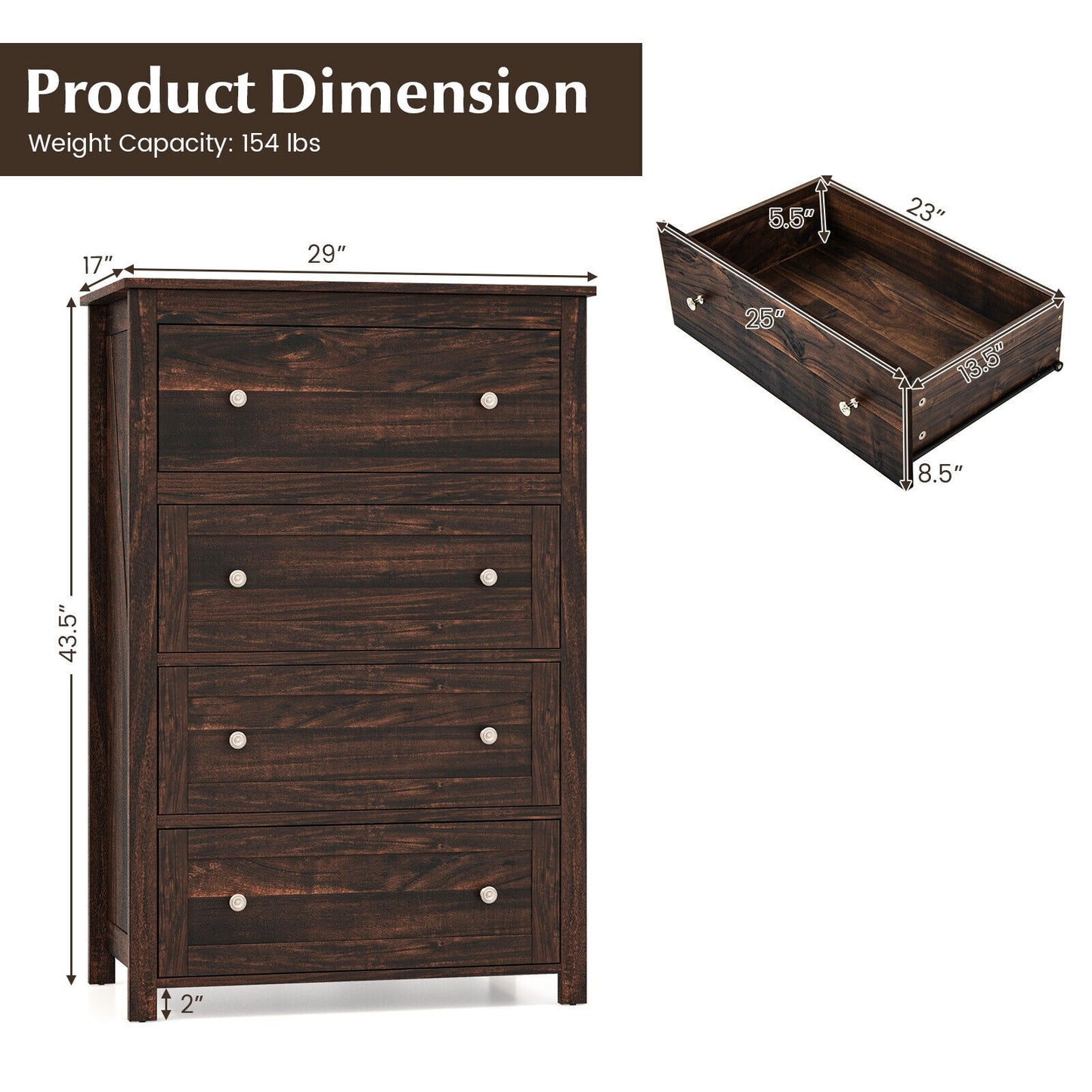 4 Drawer Dresser for Closet Hallway Living Room Nursery-Brown Kids Crystal