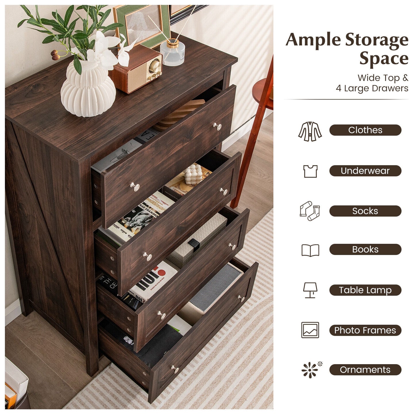 4 Drawer Dresser for Closet Hallway Living Room Nursery-Brown Kids Crystal