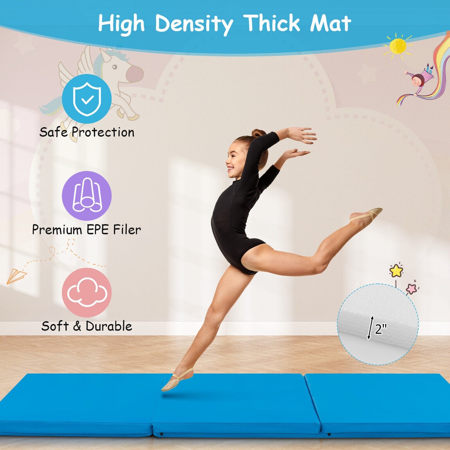6 x 2 FT Tri-Fold Gym Mat with Handles and Removable Zippered Cover-Blue Kids Crystal