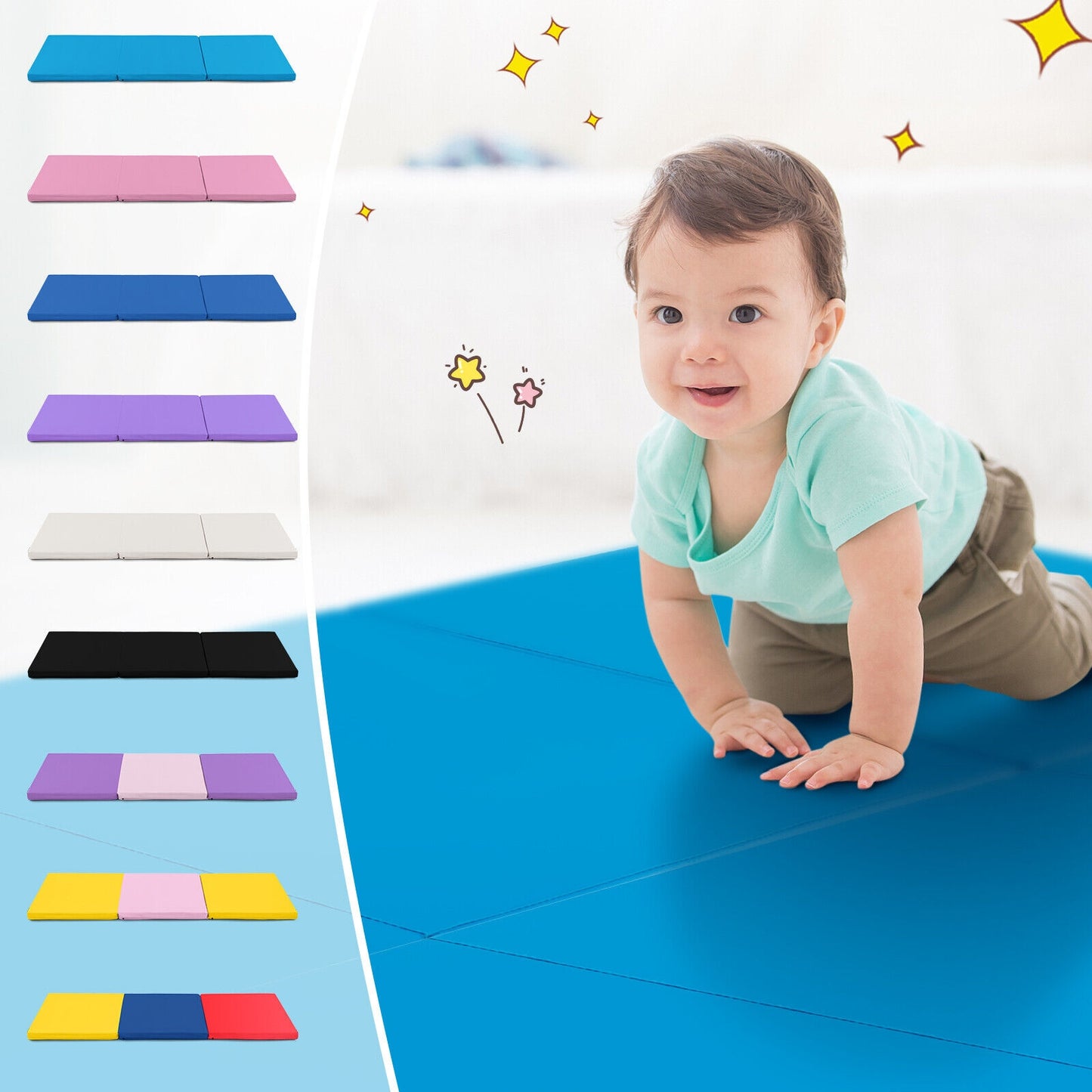 6 x 2 FT Tri-Fold Gym Mat with Handles and Removable Zippered Cover-Blue Kids Crystal